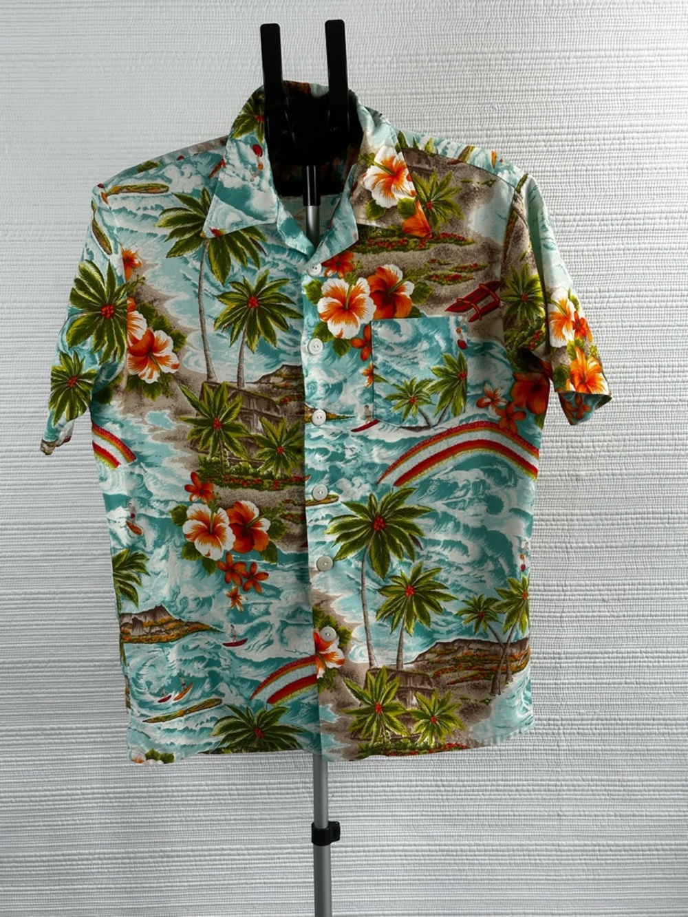 Casual Hawaiian Print Button-Down Shirt - Aqua Floral Palm, Resort Wear READ